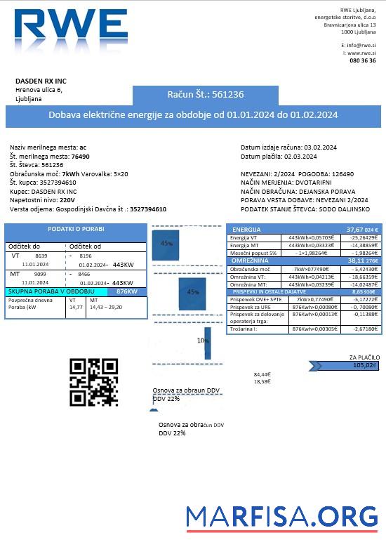 Realistic Slovenia RWE electricity proof of address business utility bill template in Word and PDF formats